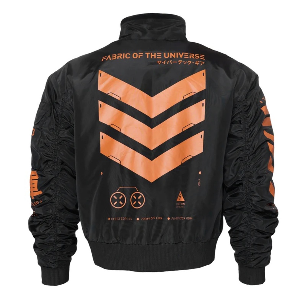 Fabric of the Universe V3-3 Black Orange Short Bomber Jacket - Picture 3 of 7